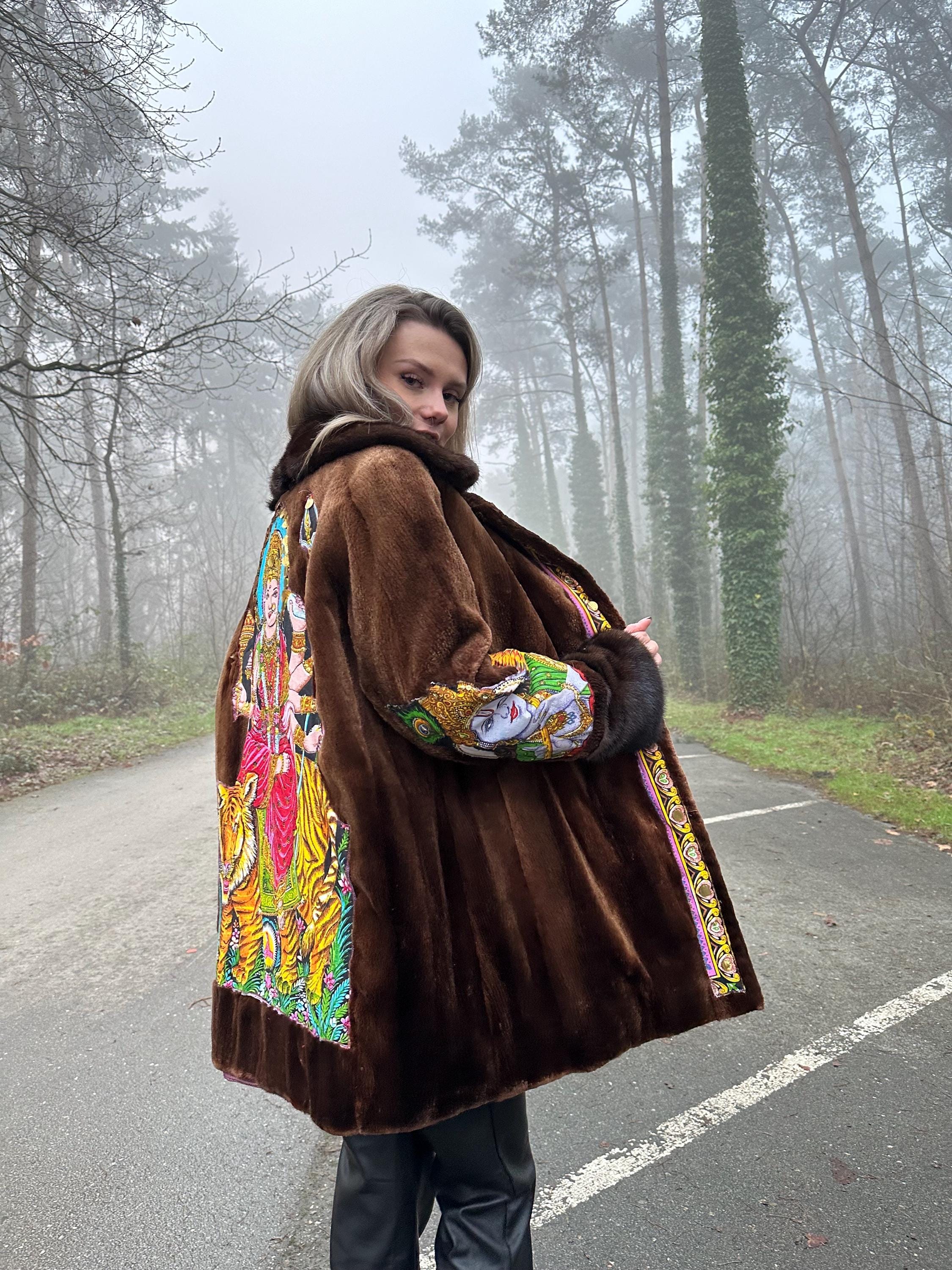 Spiritual Designer Beaver Real Fur Coat, unique design fur coat, real fur coat, Large size fur coat, brown breaver fur coat, Luxury fur coat
