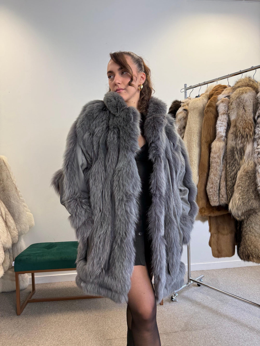 Blue dyed fox fur coat xl size