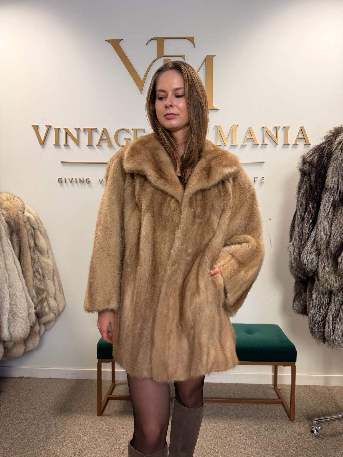 Pastel Mink Fur Jacket, Light Beige, 3XL