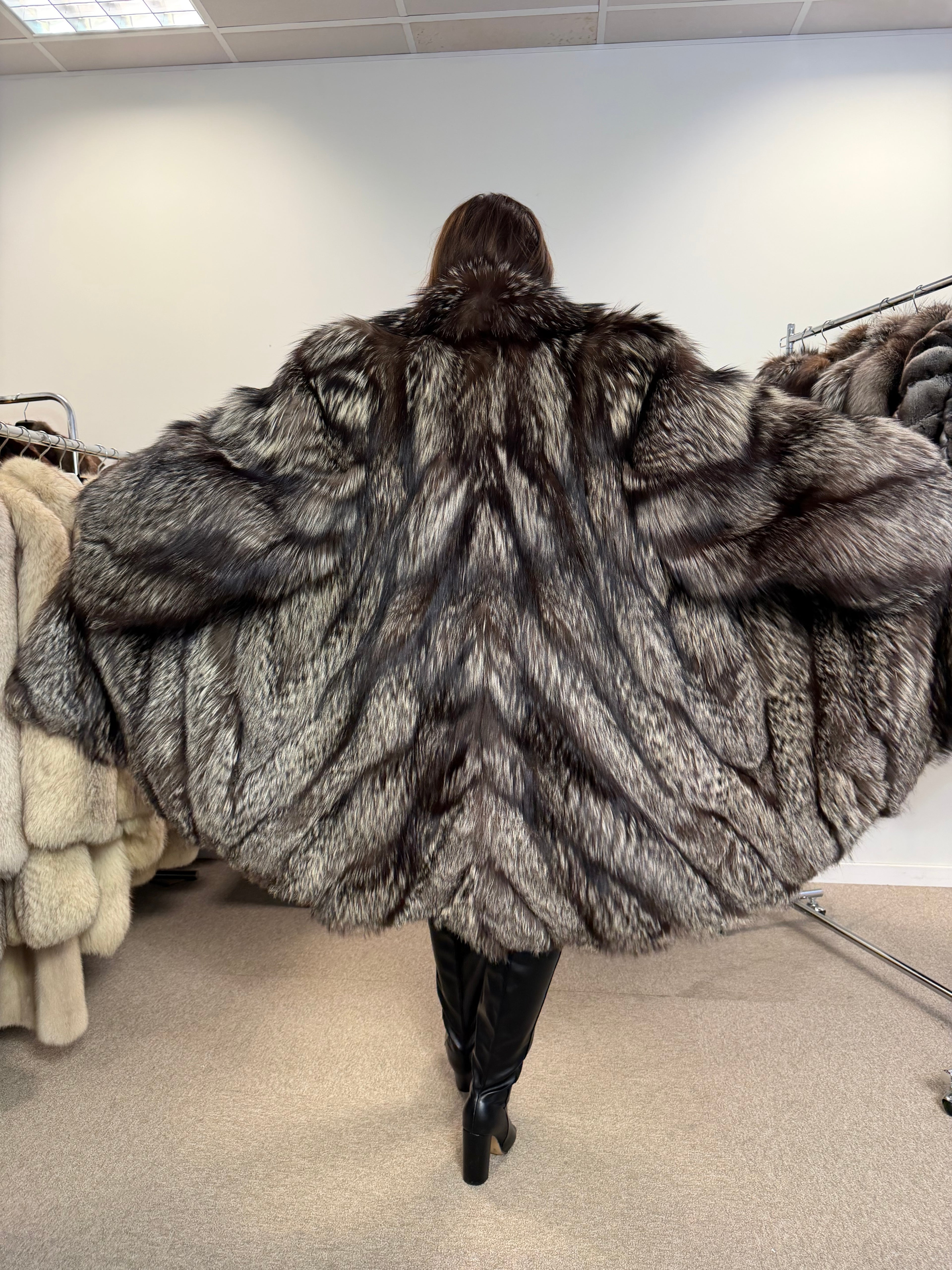 Silver Fox Real Fur Coat, Size XXL, Full Length Shawl Collar