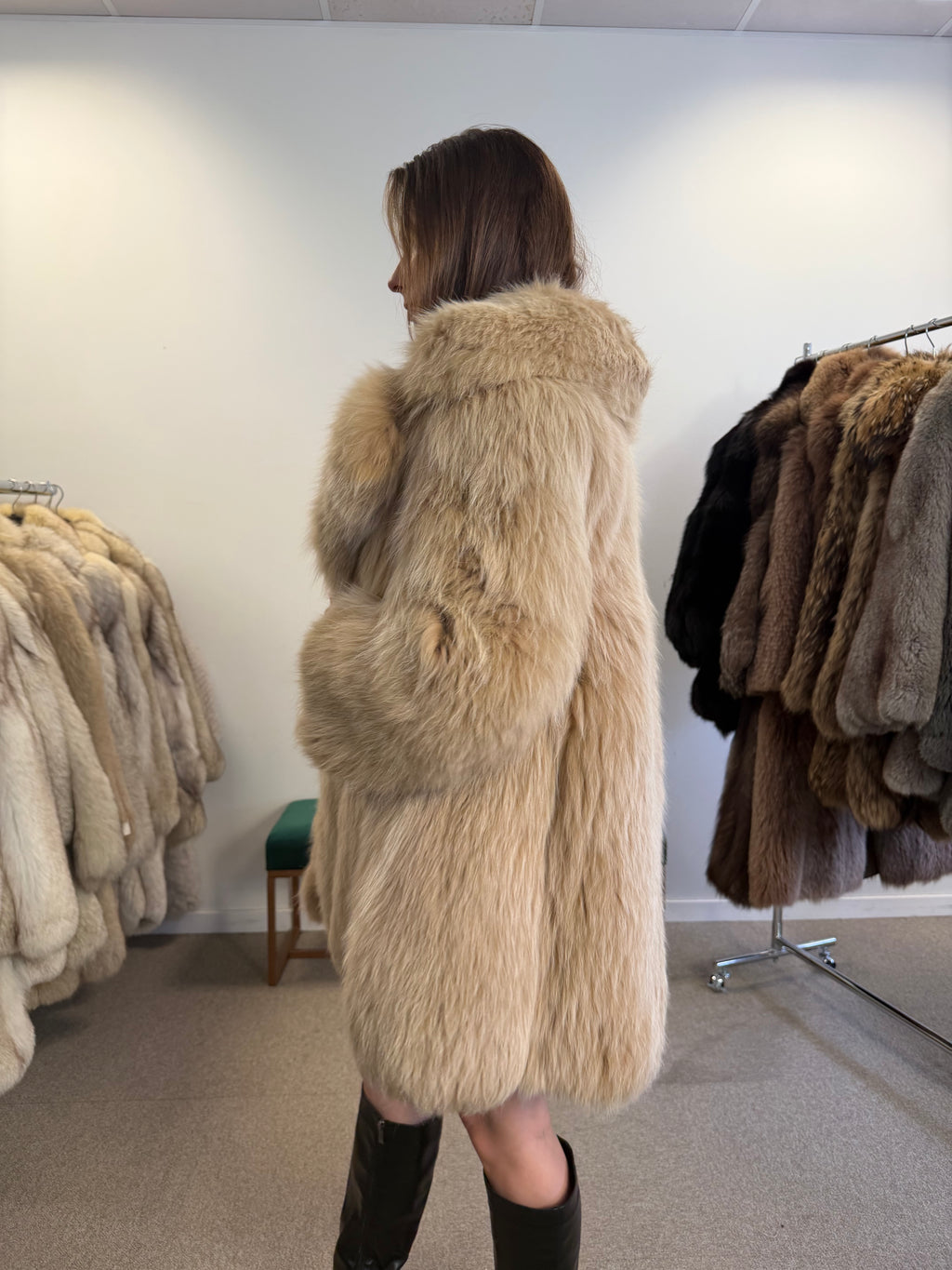 Fluffy Fox Fur Jacket, Beige Cream, Size M