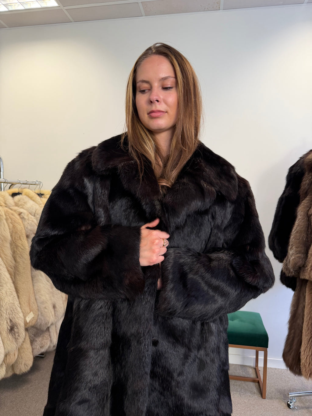 Black Rabbit Fur Coat, Large, Full Length, Soft