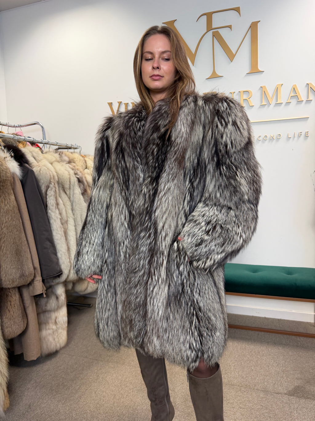 Silver Fox Fur Coat, XL, Collarless, Rare Style