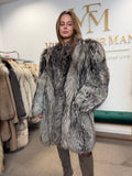 Silver Fox Fur Coat, XL, Collarless, Rare Style