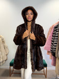 NEW Mink Fur Coat, Dark Hooded, XL