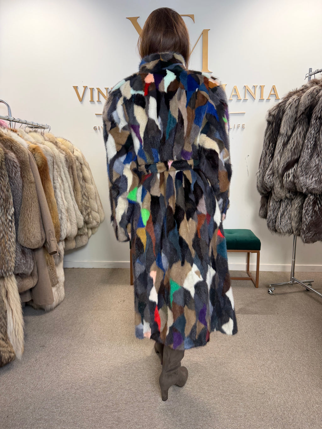 Mixed Colour Dyed Mink Fur Coat, XL, Full Length, Belted