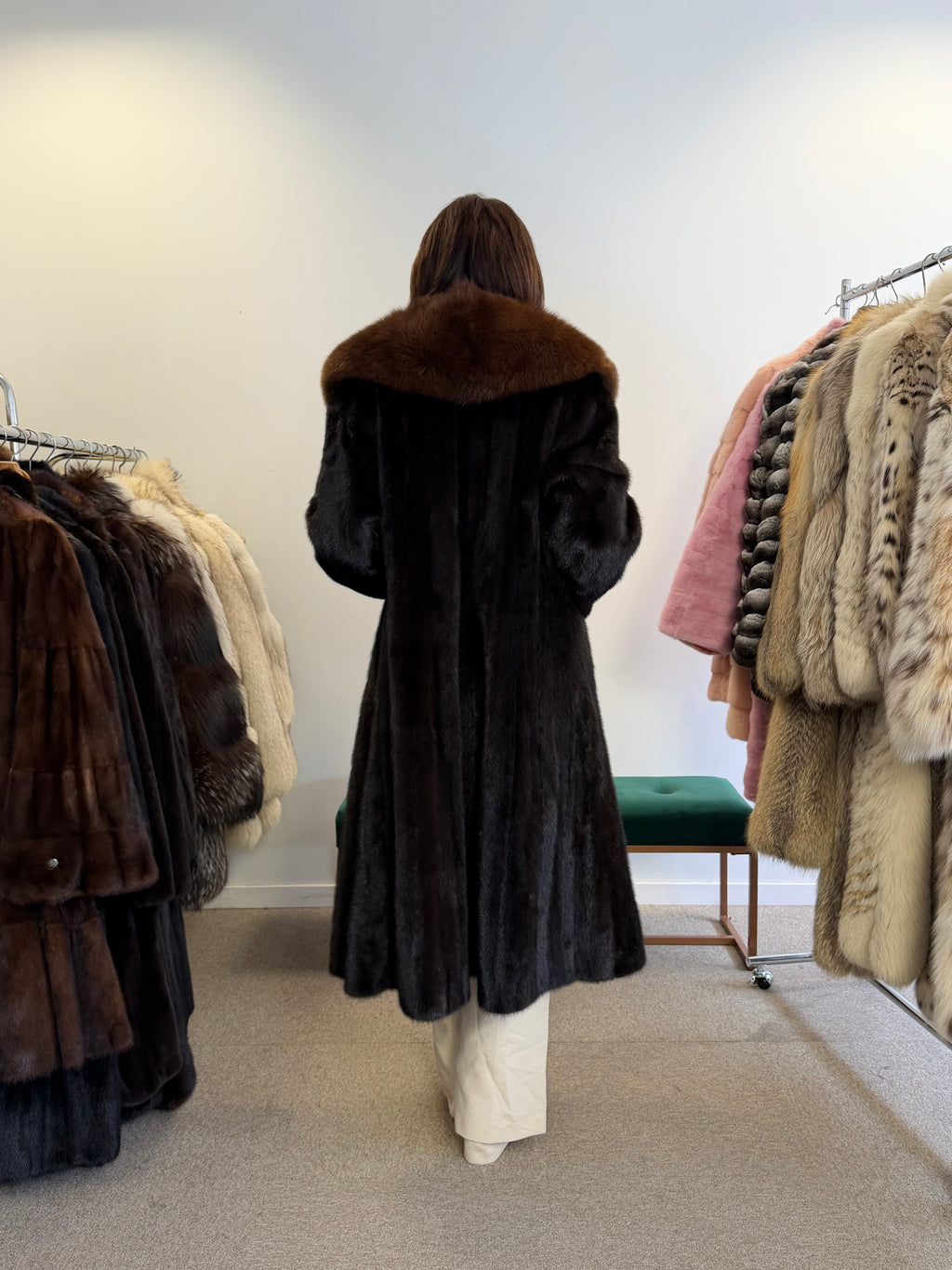 Mink Fur Coat, Dark Brown, SAGA Mink with brown fox Collar, L size