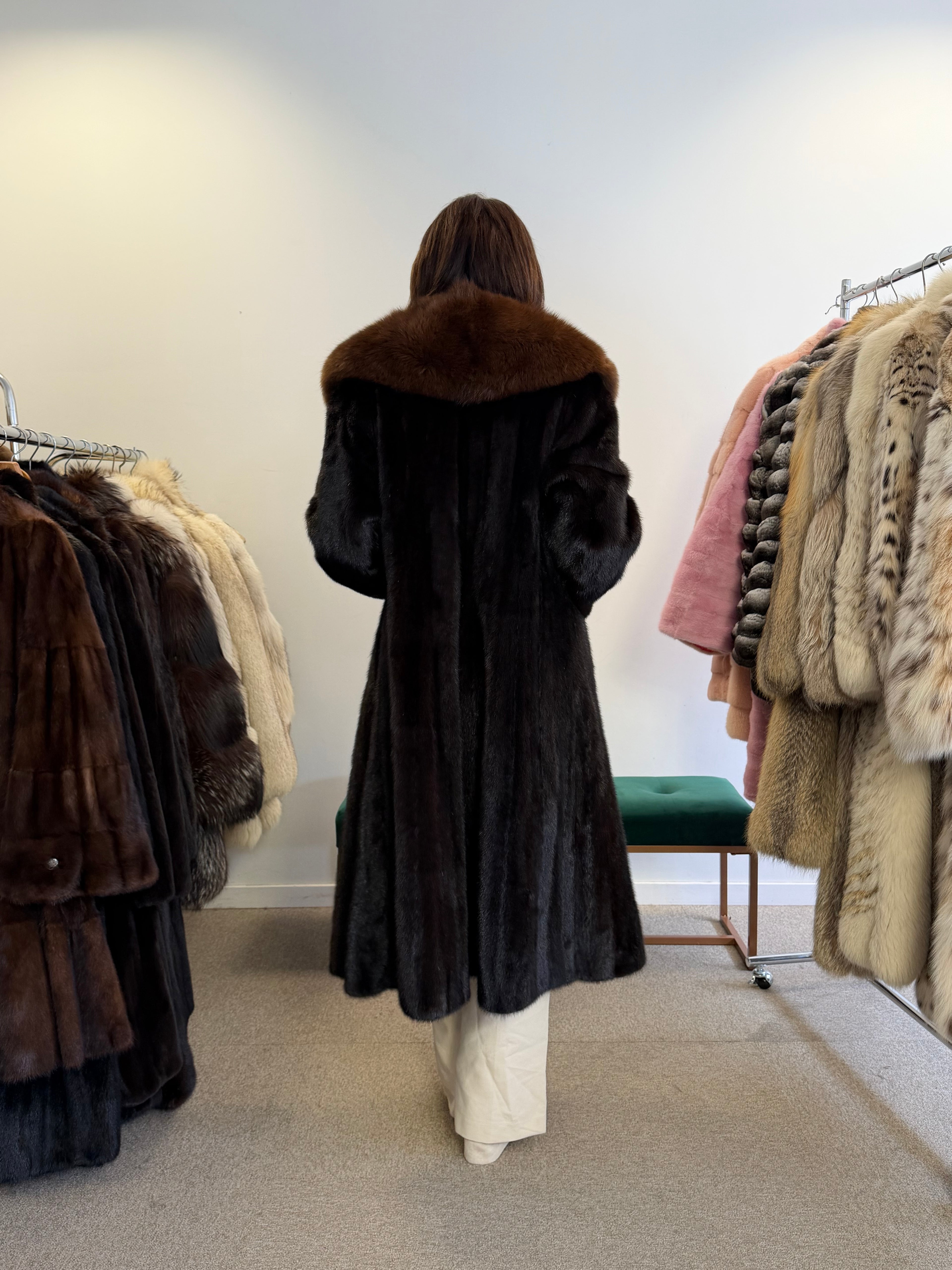 Mink Fur Coat, Dark Brown, SAGA Mink with brown fox Collar, L size