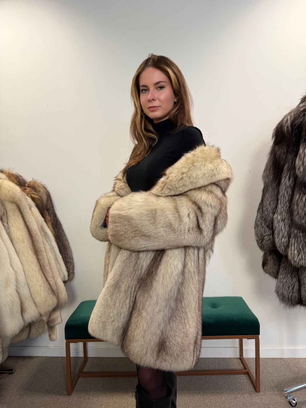 White Blue Fox Fur Coat, Size M