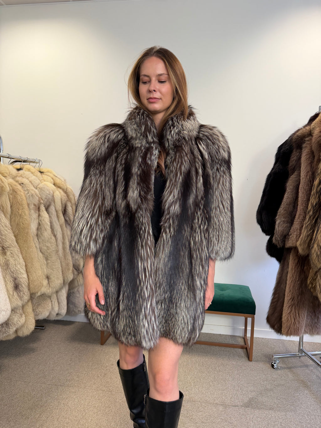 Real Silver Fox Fur Coat, Short Sleeves, Size XL