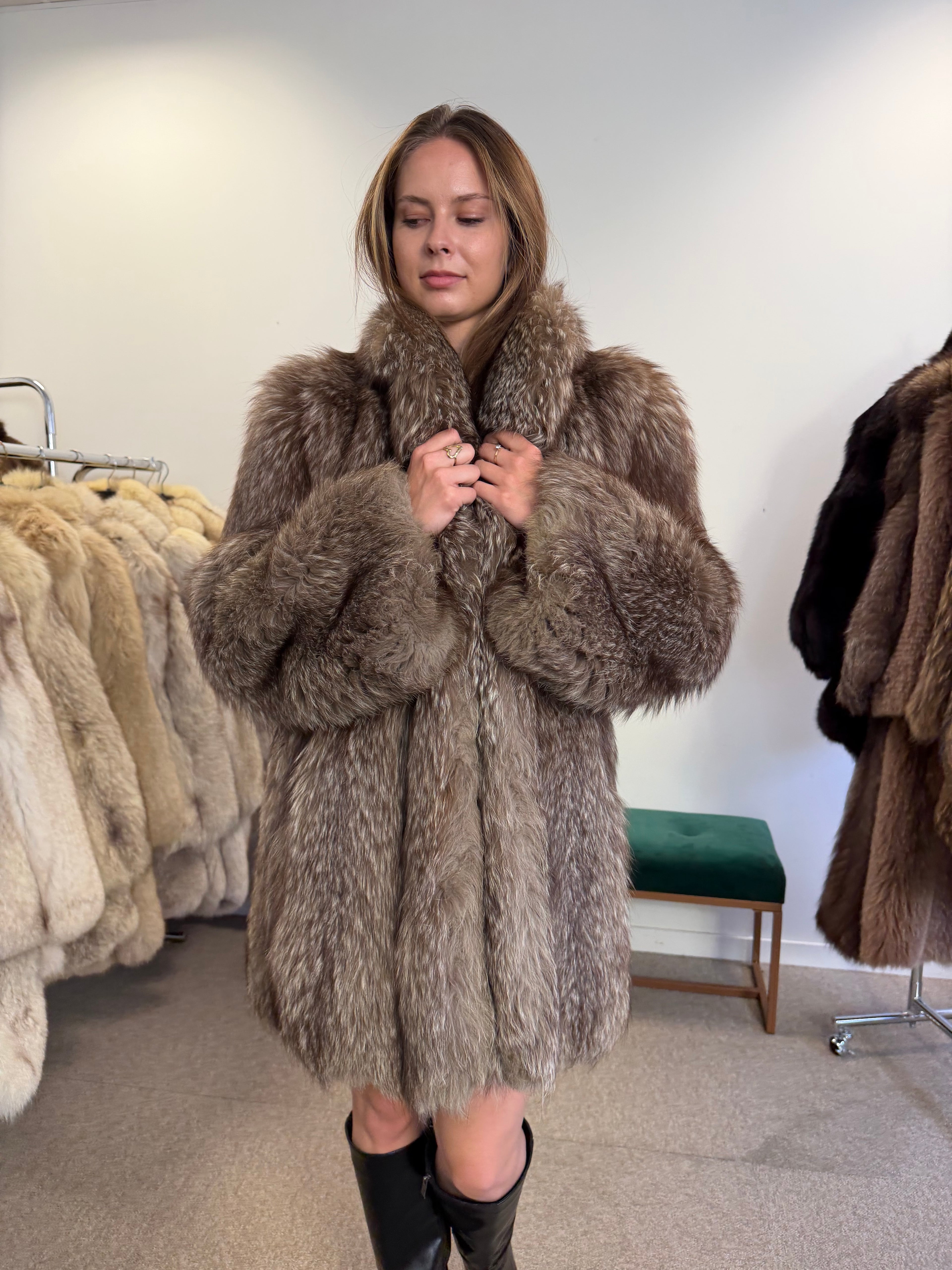 Silver Fox Fur Coat, Hip Length, Size L