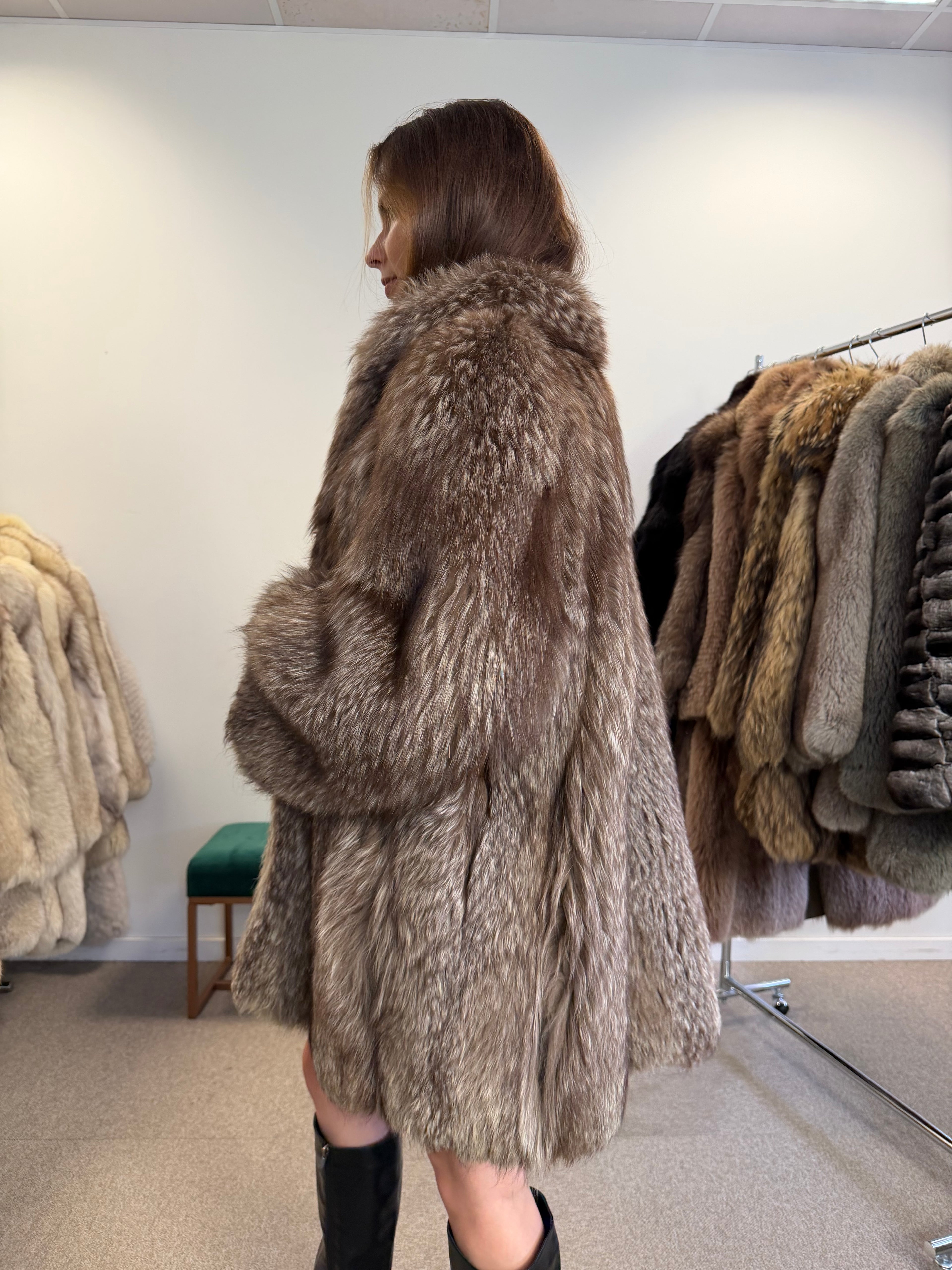 Silver Fox Fur Coat, Hip Length, Size L