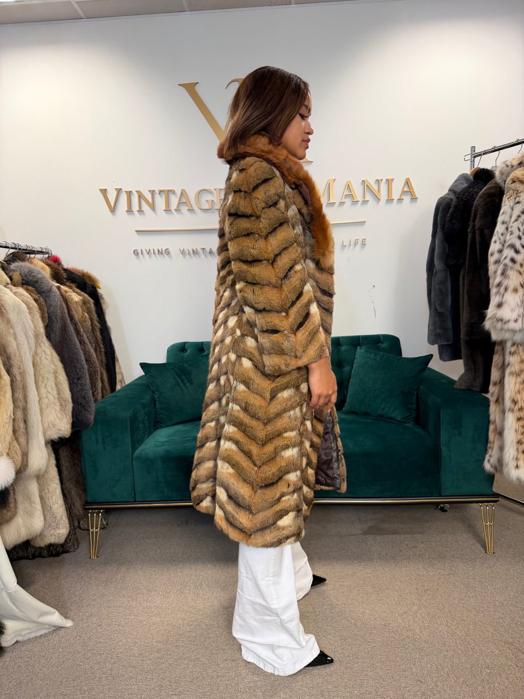 Hamster Fur Coat with Red Fox Collar, Medium, Rare Luxury