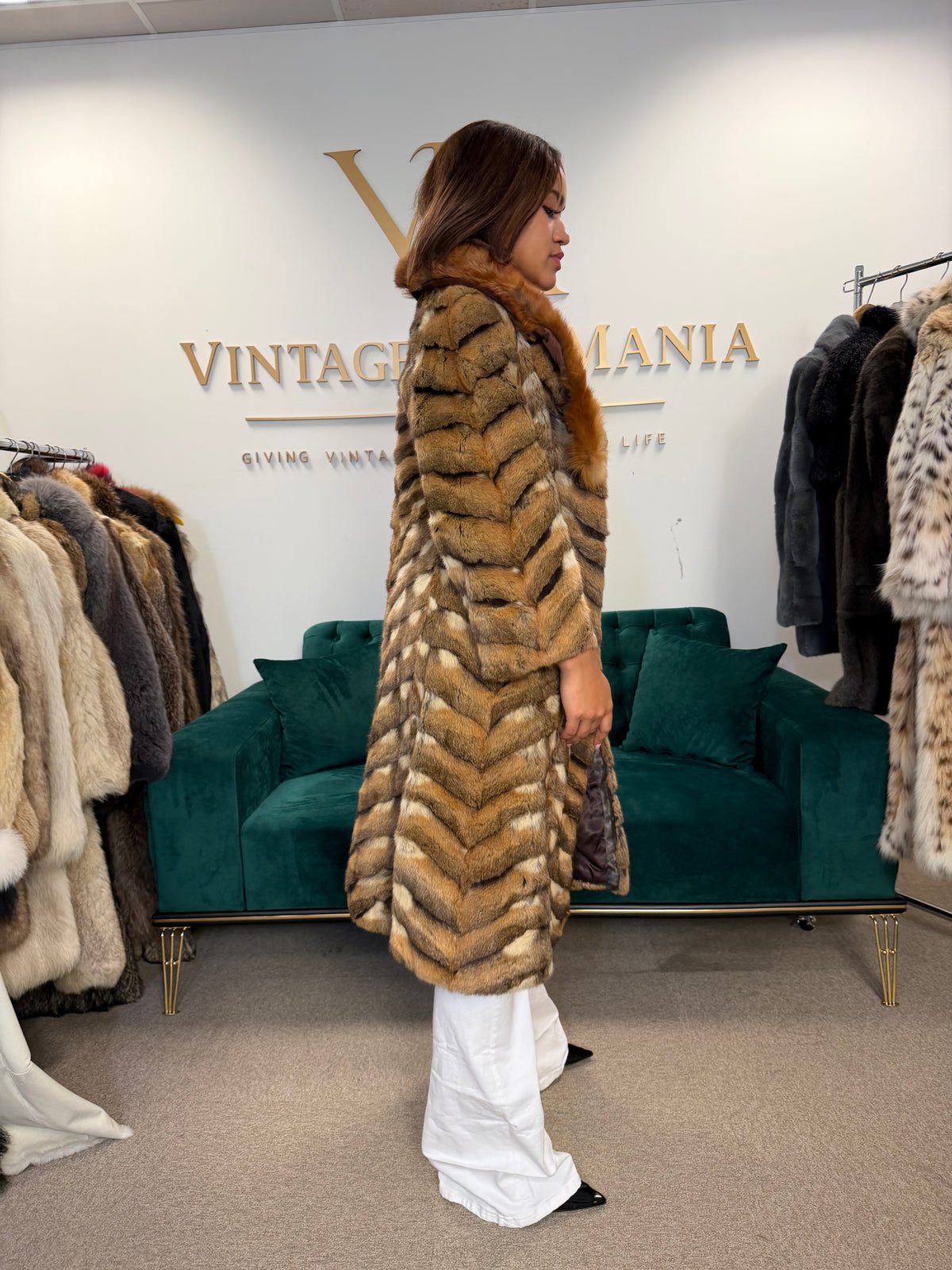 Hamster Fur Coat with Red Fox Collar, Medium, Rare Luxury