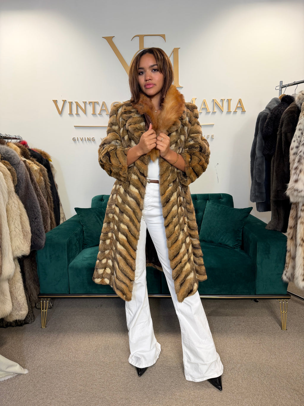 Hamster Fur Coat with Red Fox Collar, Medium, Rare Luxury