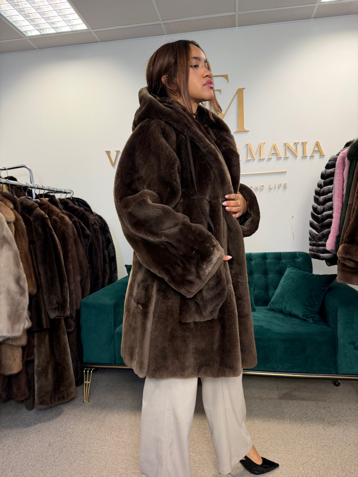 Sheared Beaver Fur Coat, Hooded, Oversize up to 3XL