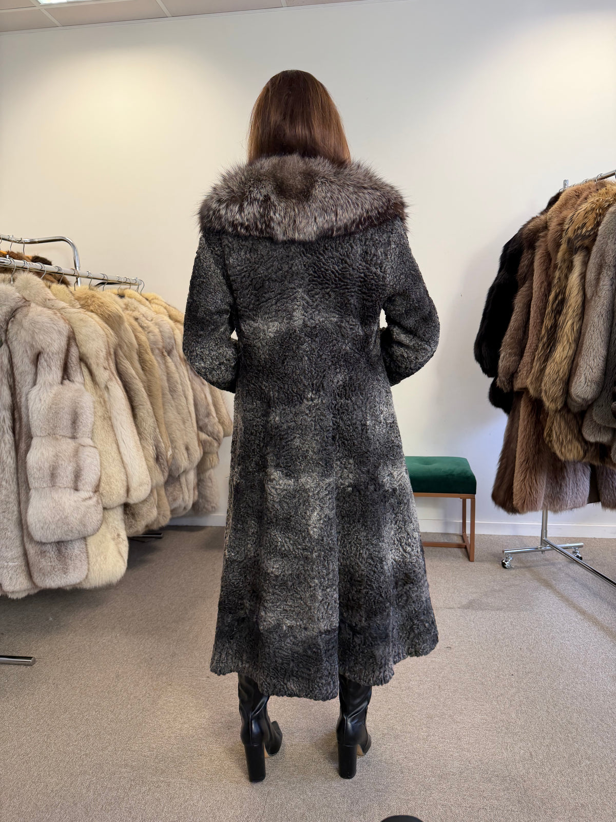 Grey Astrakhan Fur Coat, Silver Fox Collar, Medium, Special Style