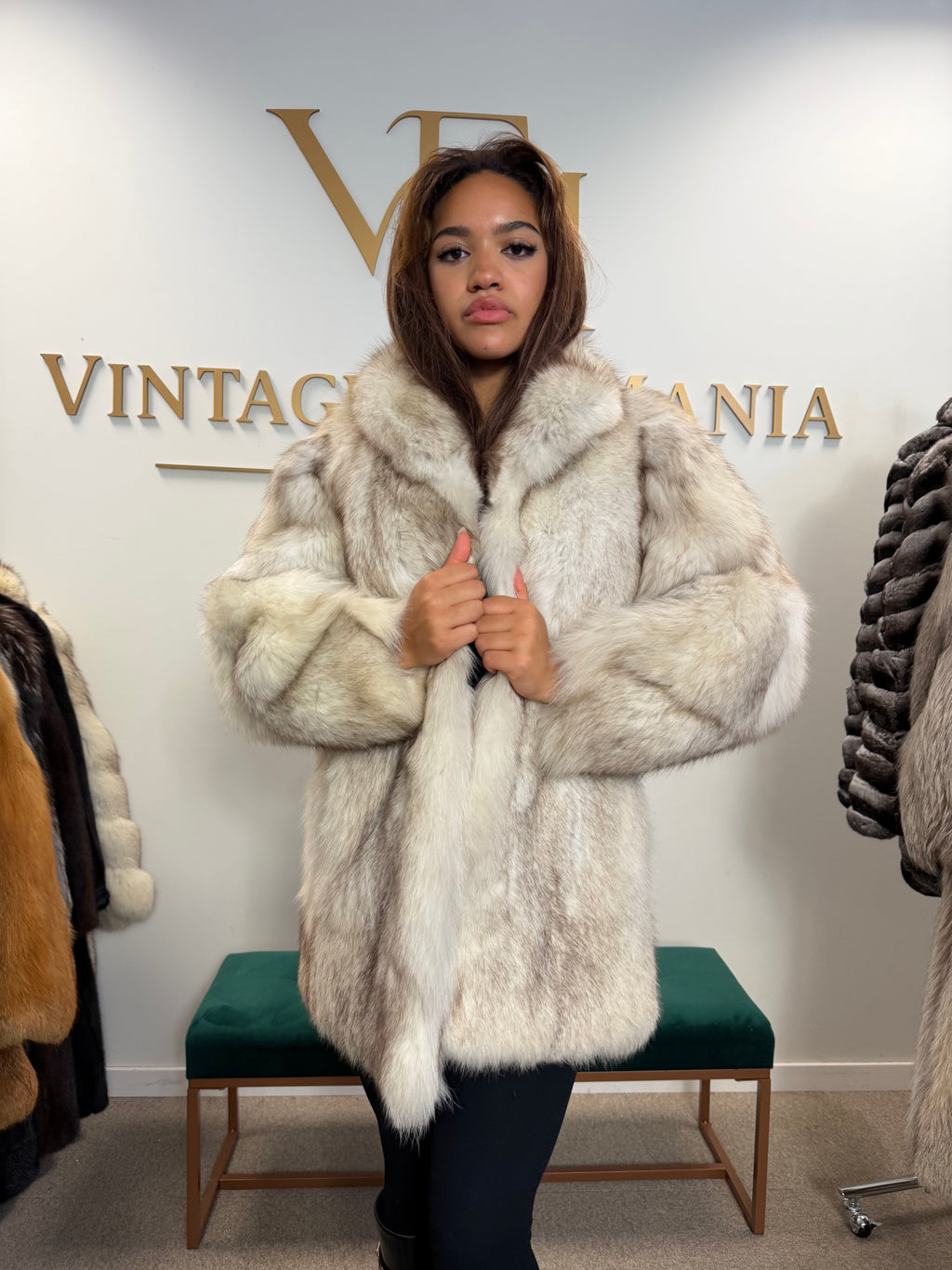 White Blue Fox Fur Coat, Soft, Small