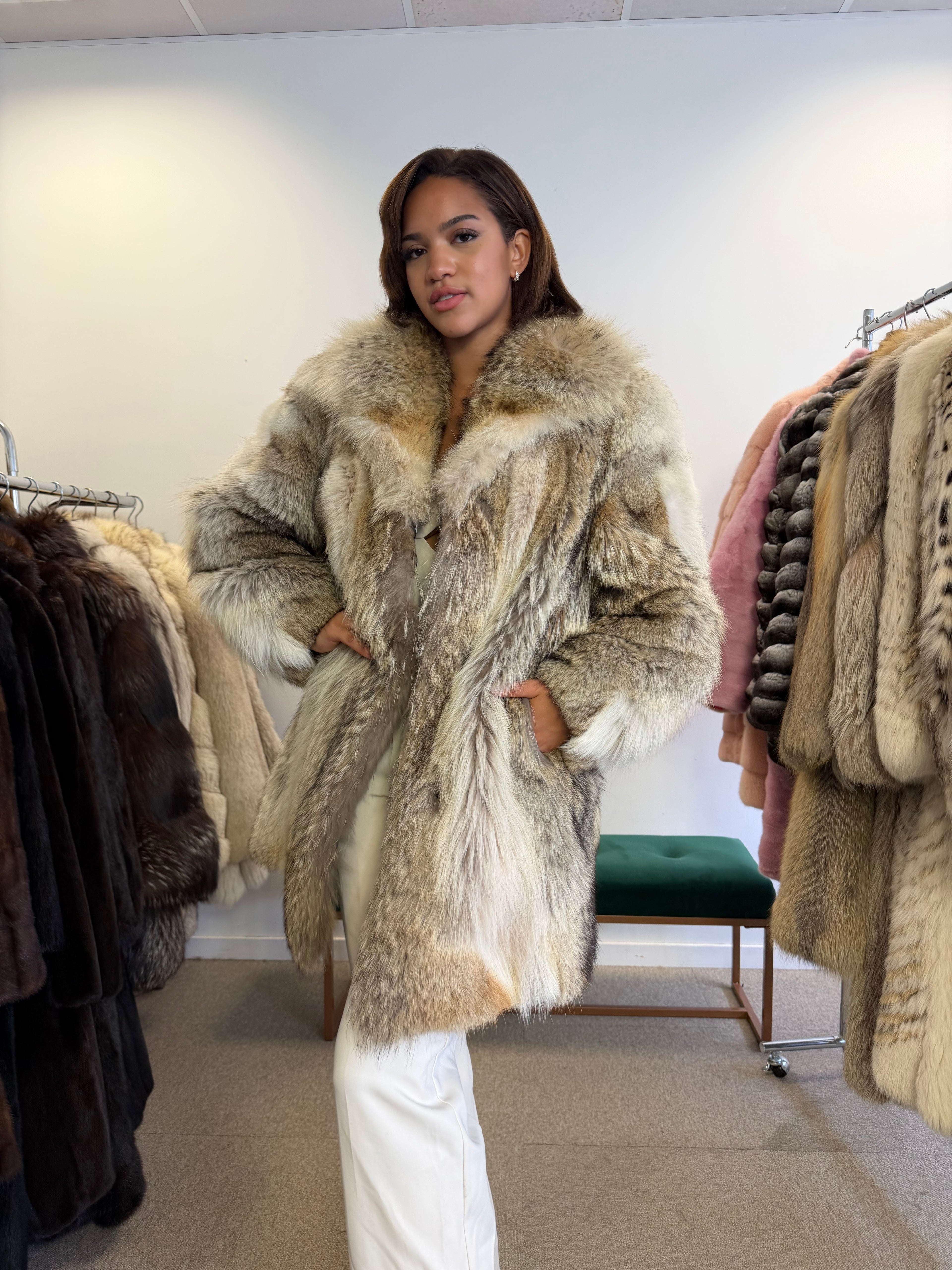 Coyote Fur Coat, Hip Length, Size XL