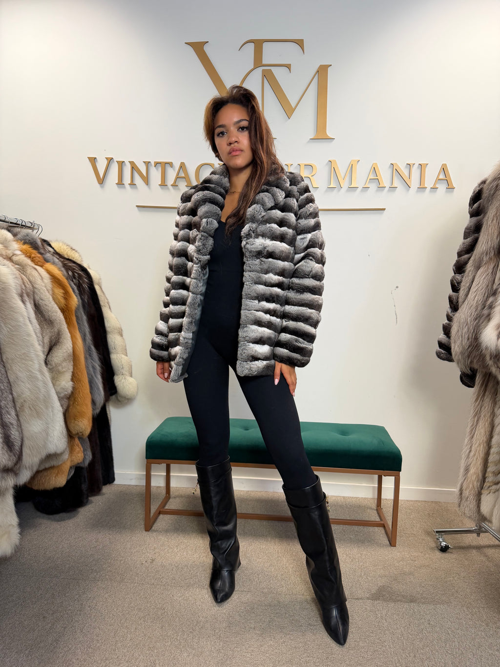 Chinchilla Fur Jacket, Grey, Medium, New Handmade