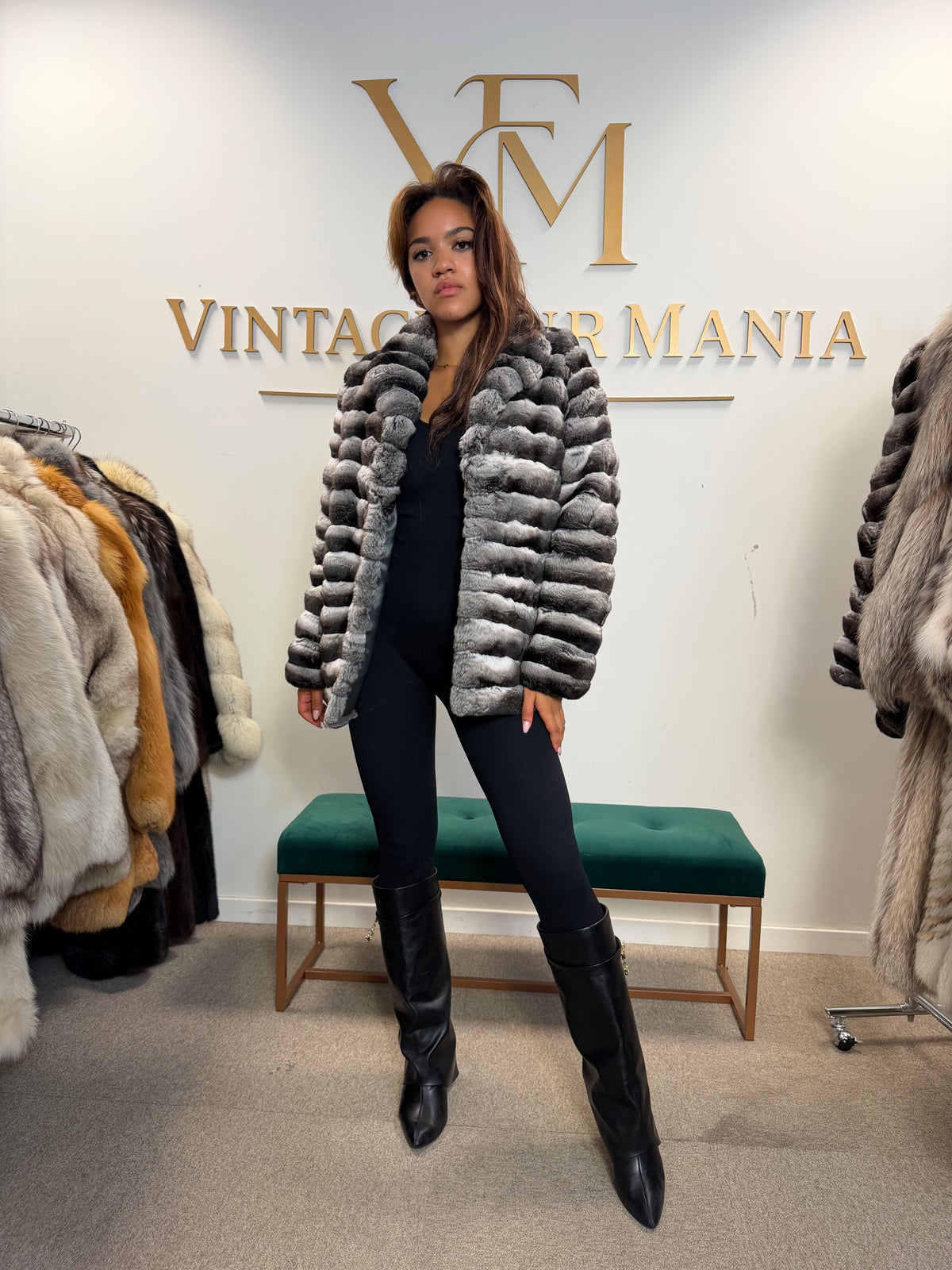 Chinchilla Fur Jacket, Grey, Medium, New Handmade