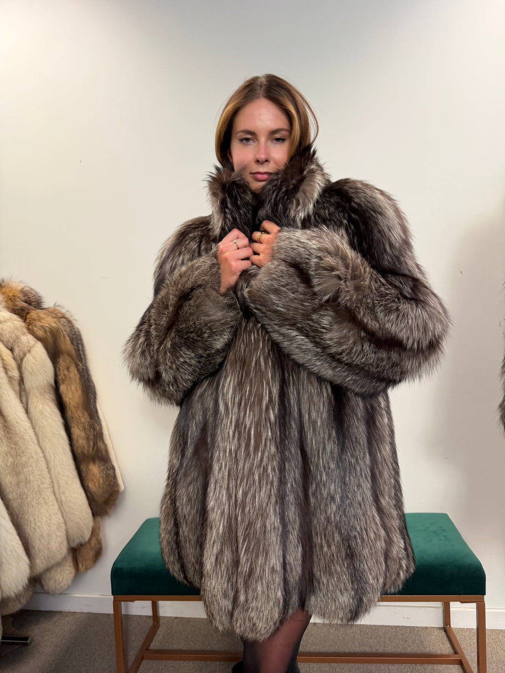 Silver Fox Real Fur Coat, Size L, Stand Up Collar