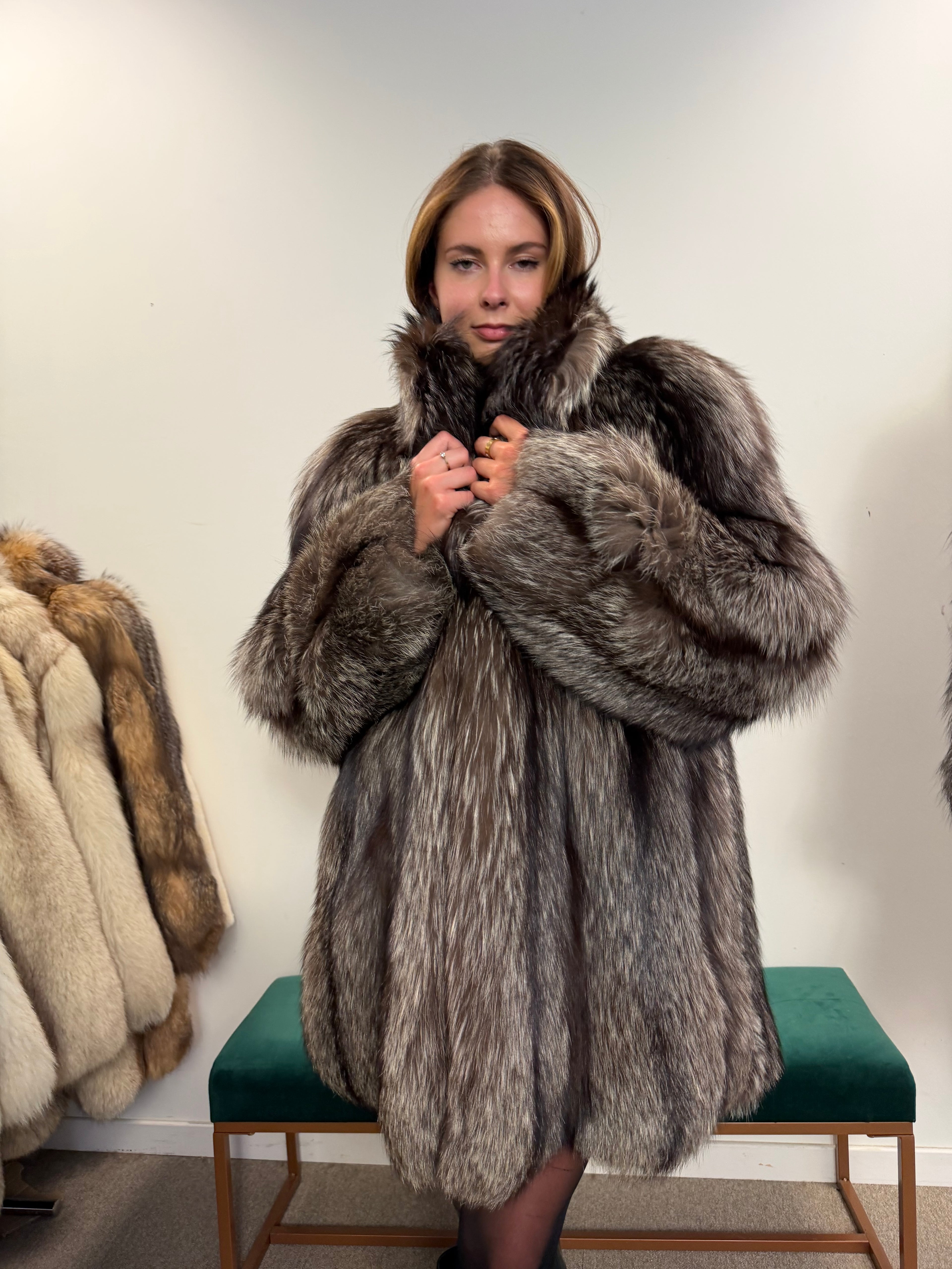 Silver Fox Real Fur Coat, Size L, Stand Up Collar