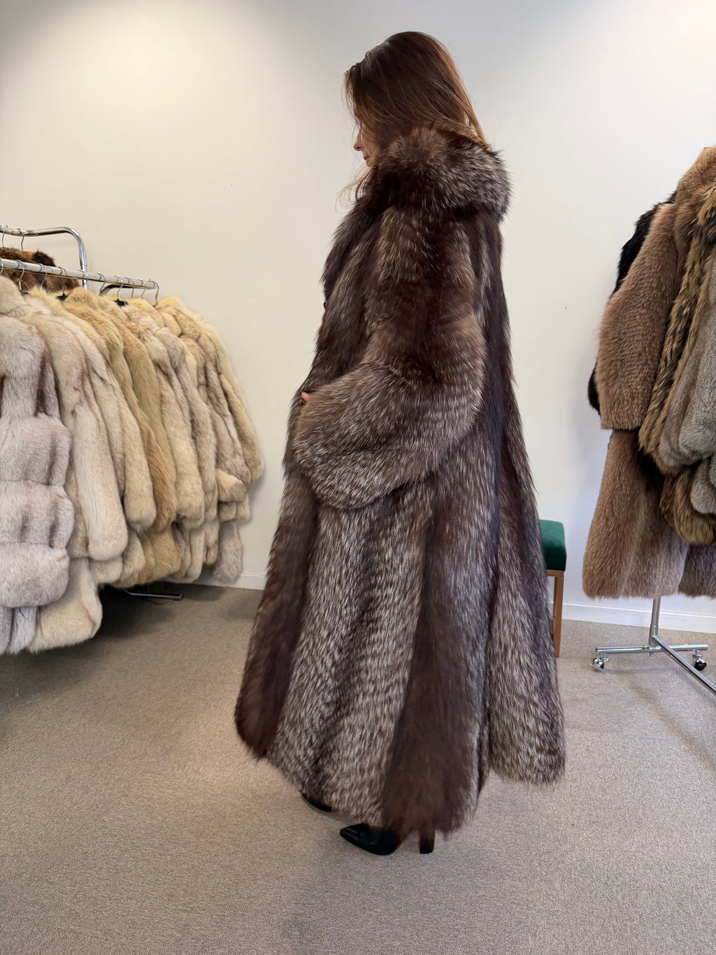 Silver Fox Fur Coat, Full Length, Size M