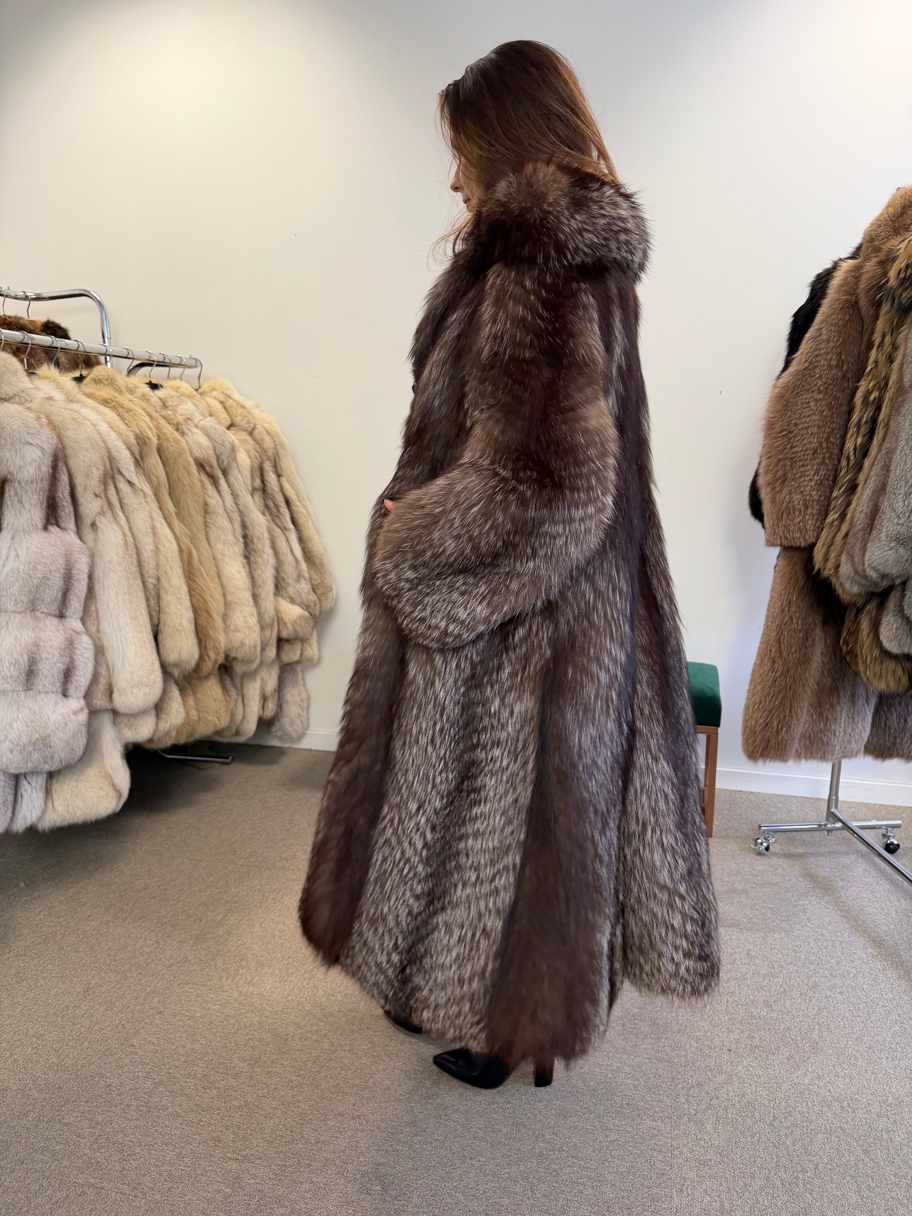 Silver Fox Fur Coat, Full Length, Size M