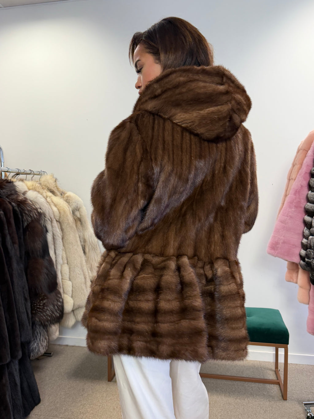NEW Mink Fur Coat, Light Brown Hooded, Medium