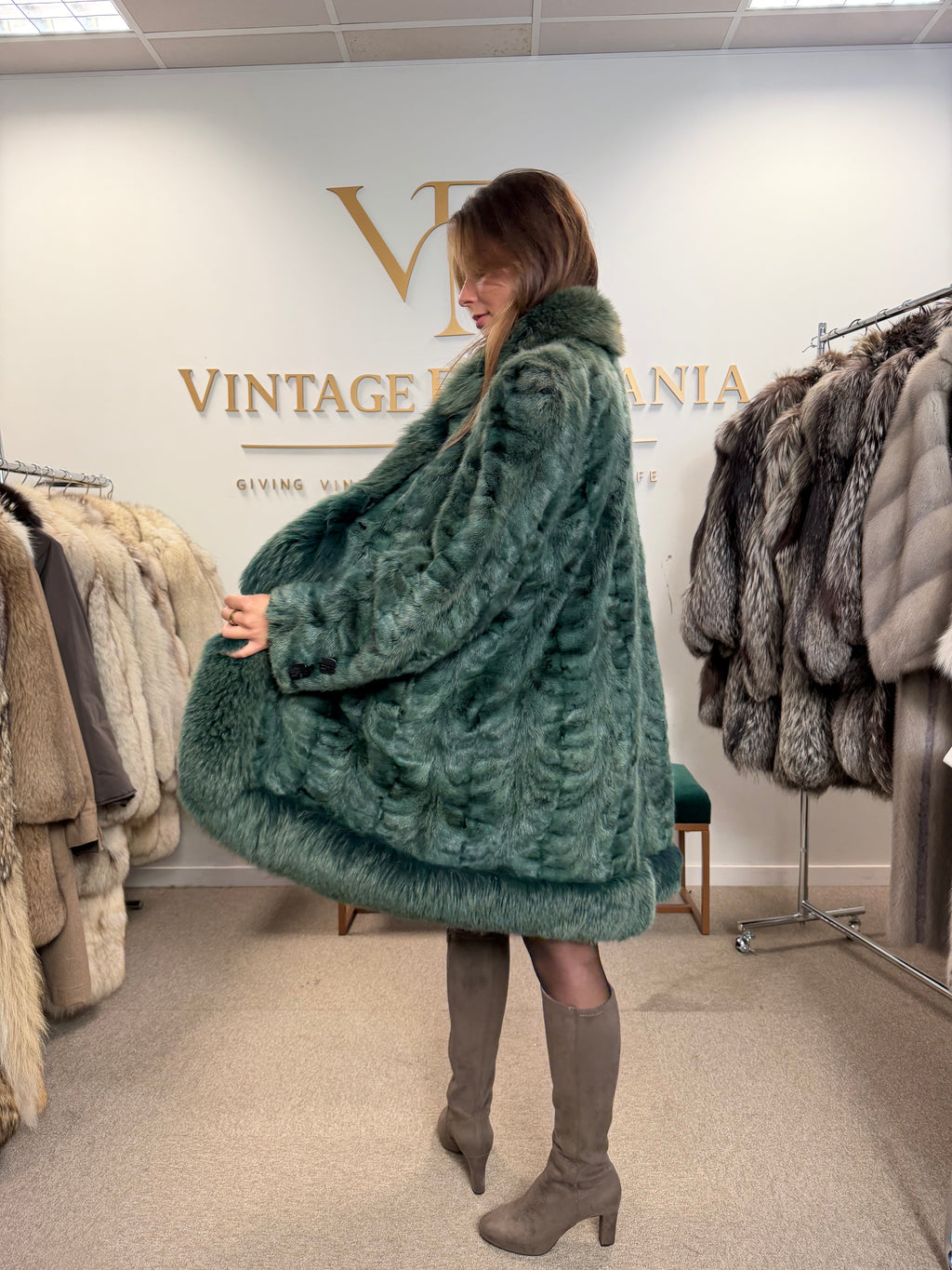 Green Dyed Mink Fur Coat with Fox Collar, XL