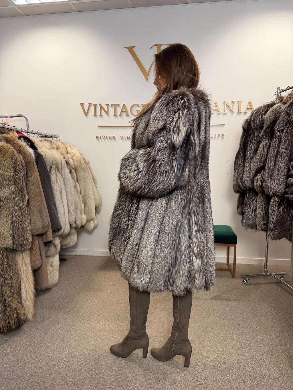 Silver Fox Fur Coat, XL, Collarless, Rare Style