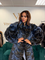 Blue & Black Dyed Fox Fur Coat, Large, Pieced