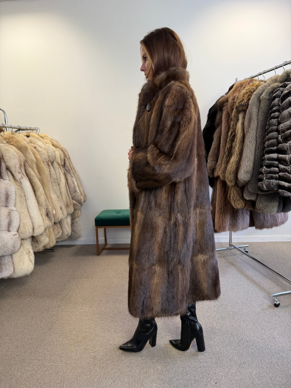 Brown Beaver Fur Coat, Full Length, XL Fits M to L