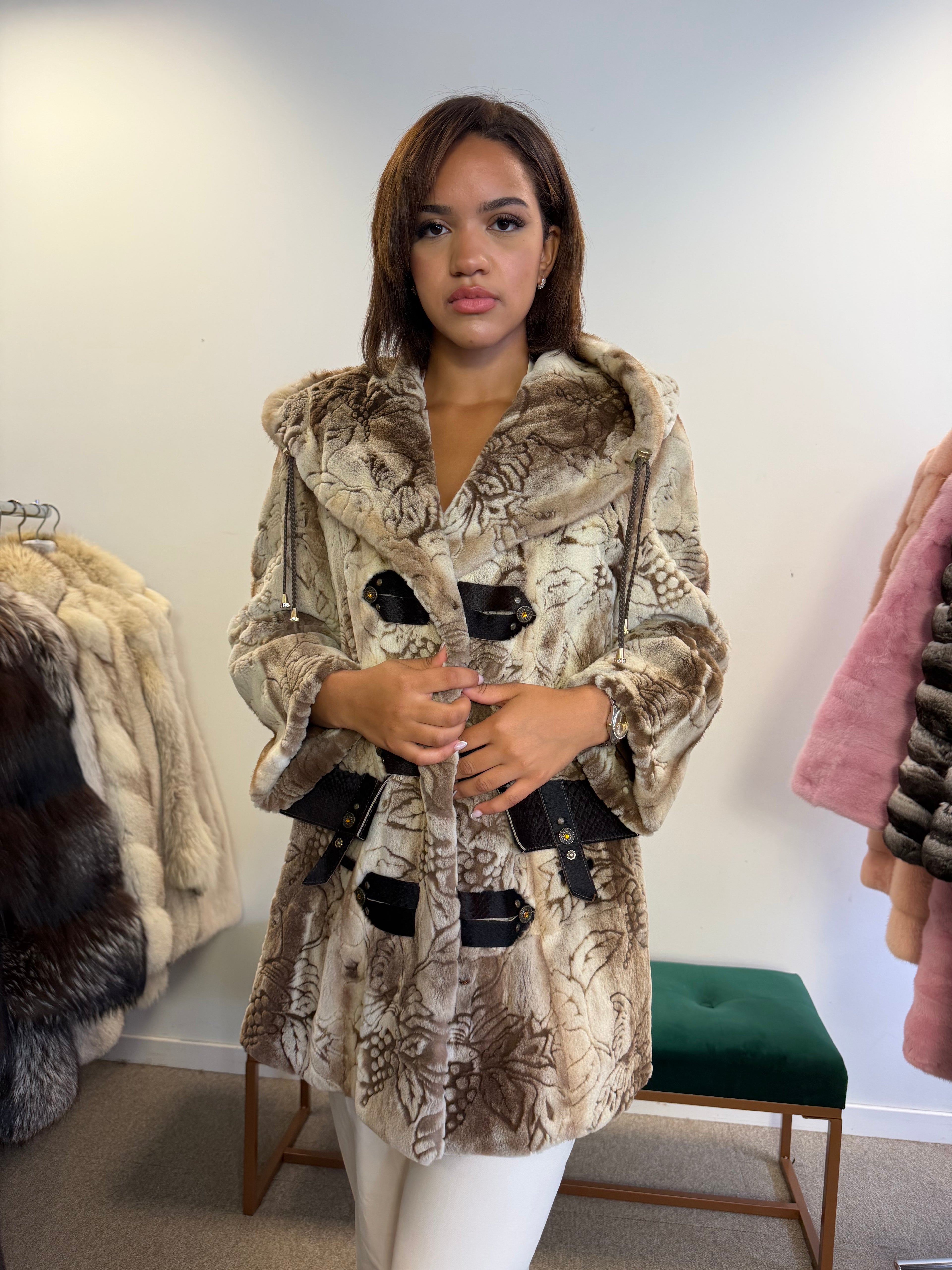 Luxury Mink Fur Coat, Sheared Hooded, Size M