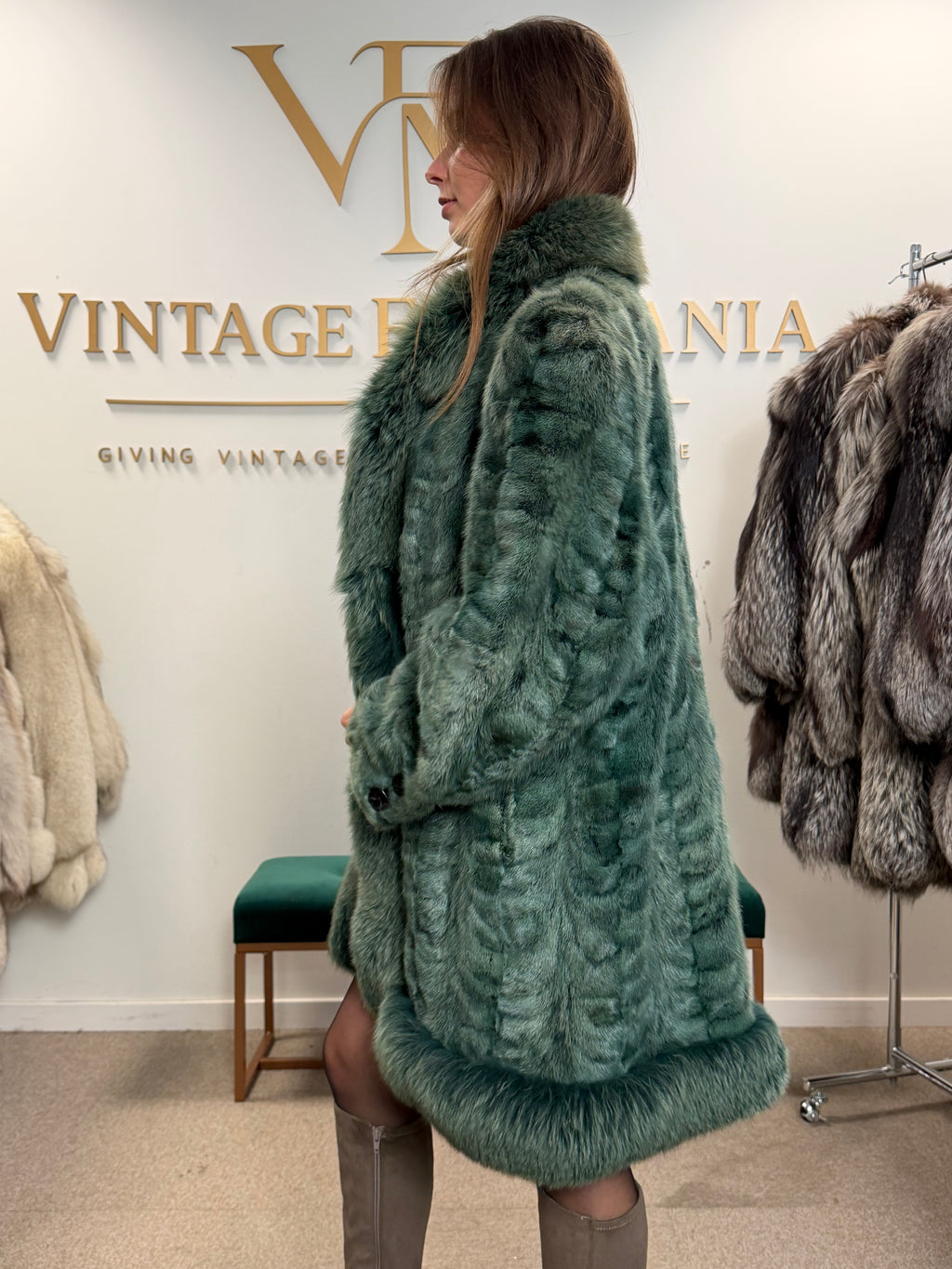 Green Dyed Mink Fur Coat with Fox Collar, XL