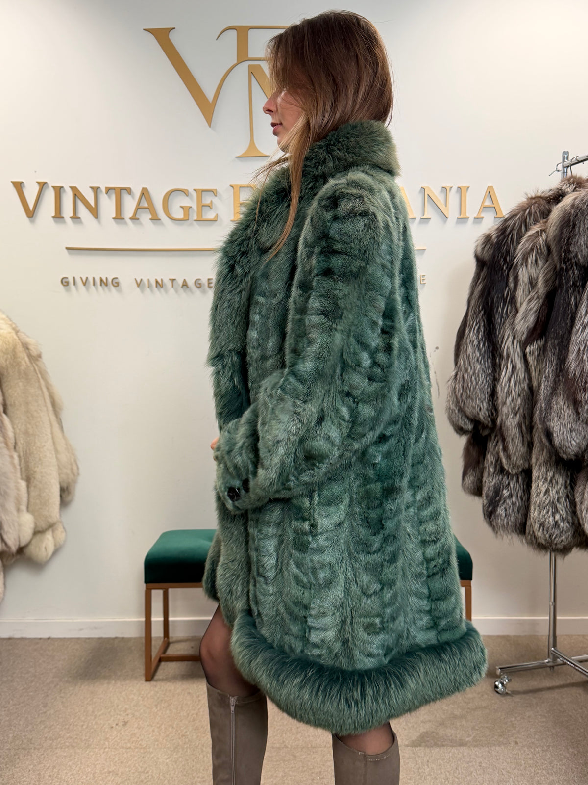 Green Dyed Mink Fur Coat with Fox Collar, XL
