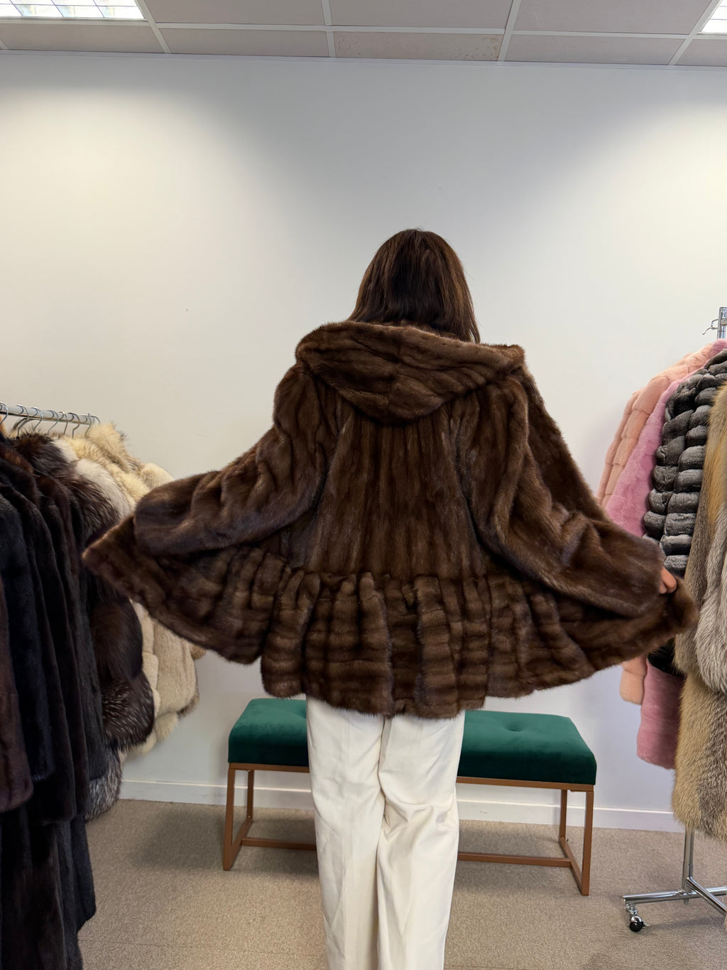 NEW Mink Fur Coat, Light Brown Hooded, Medium