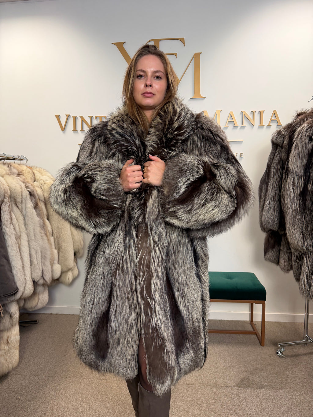 Silver Fox Fur Coat, XL, Super Fluffy