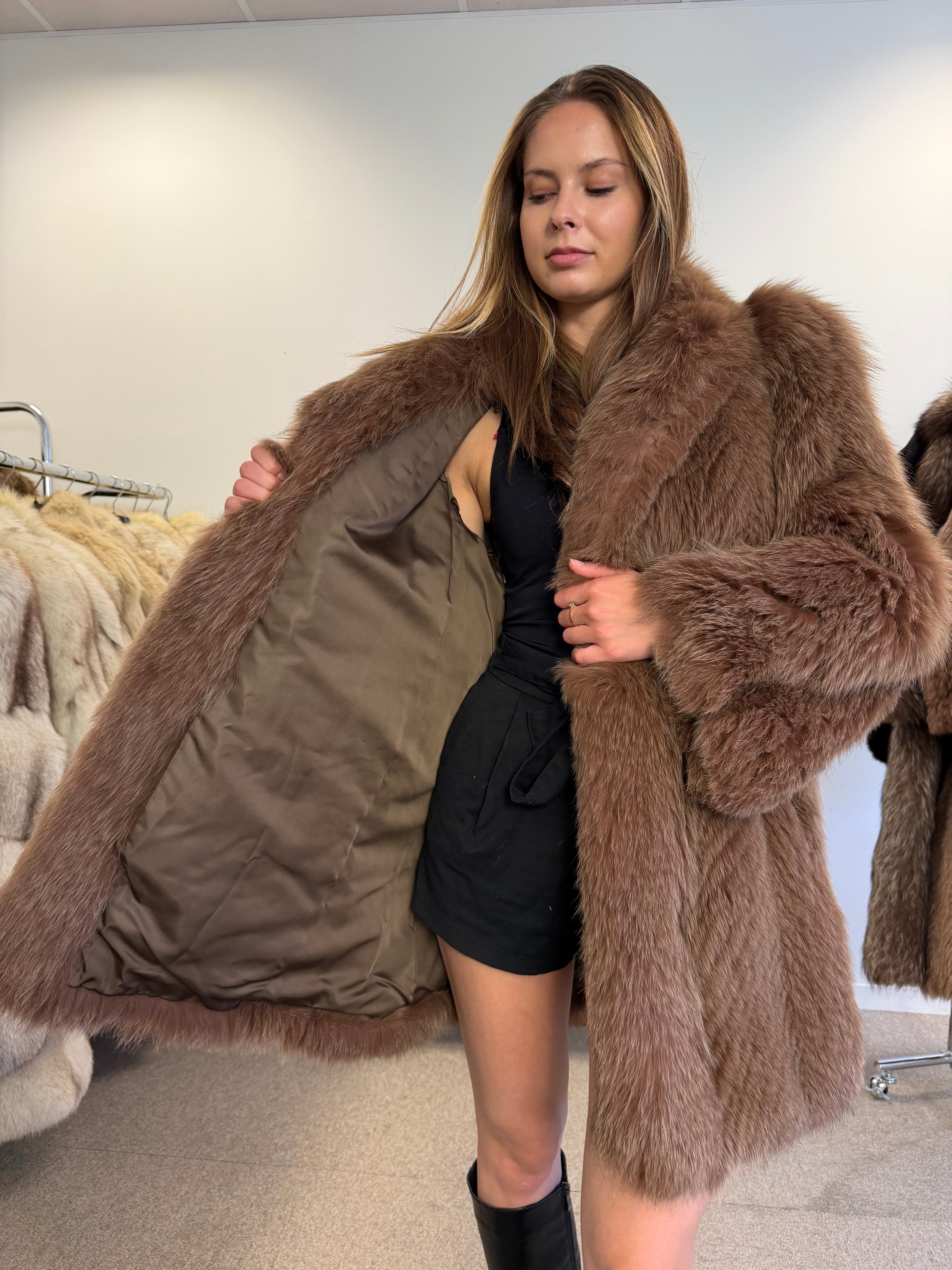 Fox Fur Coat, Brown, Size M