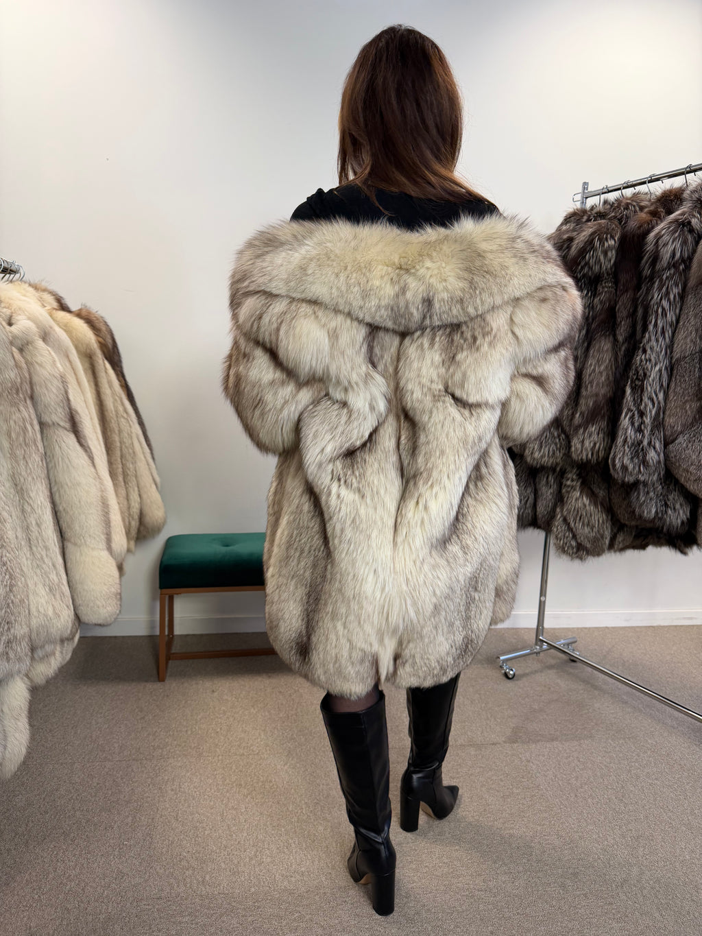 White Nordic Fox Real Fur Coat, Size L