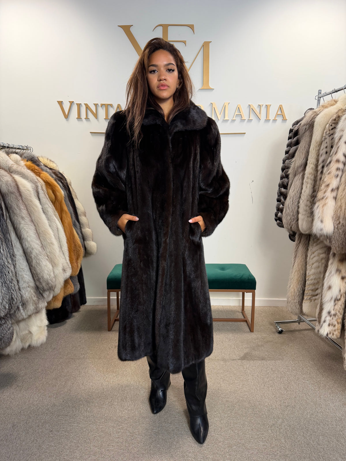 Mink Fur Coat, Dark Brown Almost Black, XL, Crown Lining