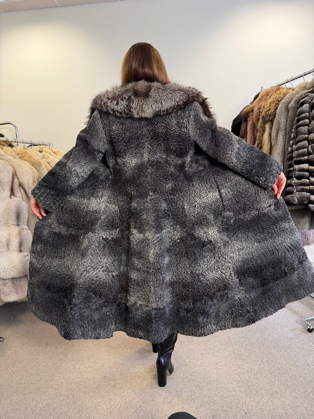 Grey Astrakhan Fur Coat, Silver Fox Collar, Medium, Special Style
