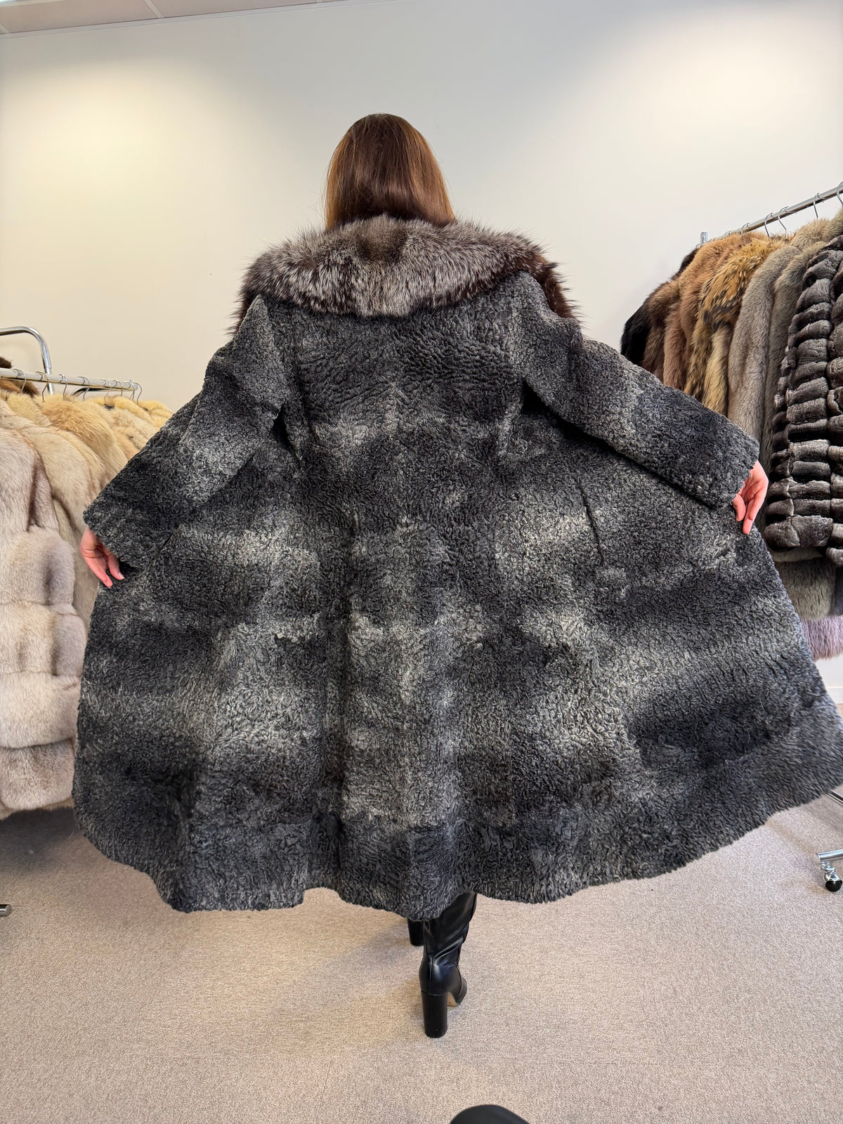 Grey Astrakhan Fur Coat, Silver Fox Collar, Medium, Special Style