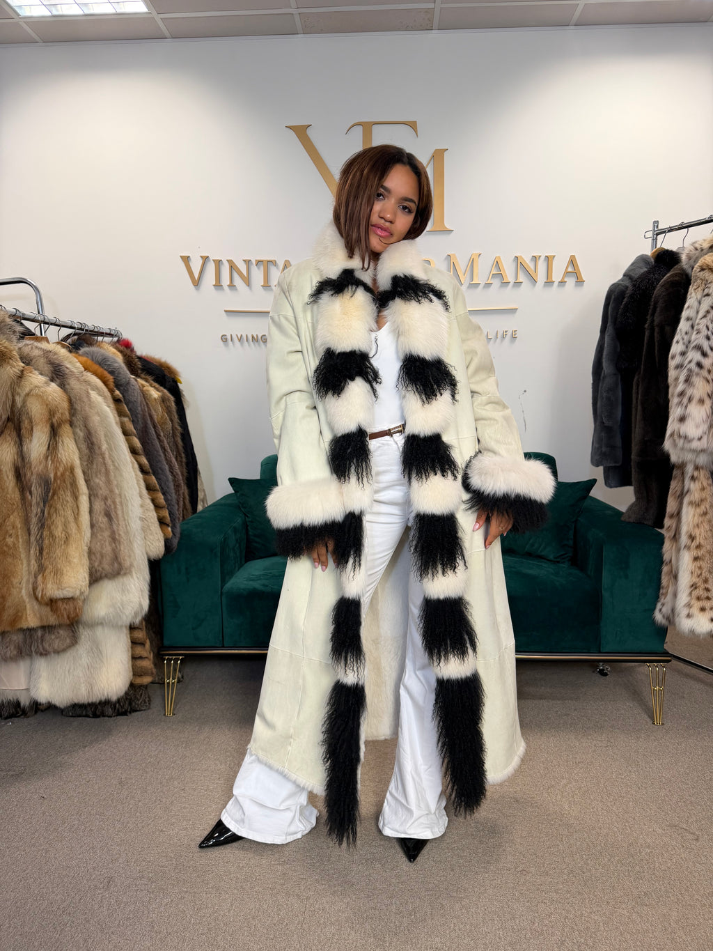 Shearling Sheepskin Coat with Fox & Shearling Collar, Medium, Full Length