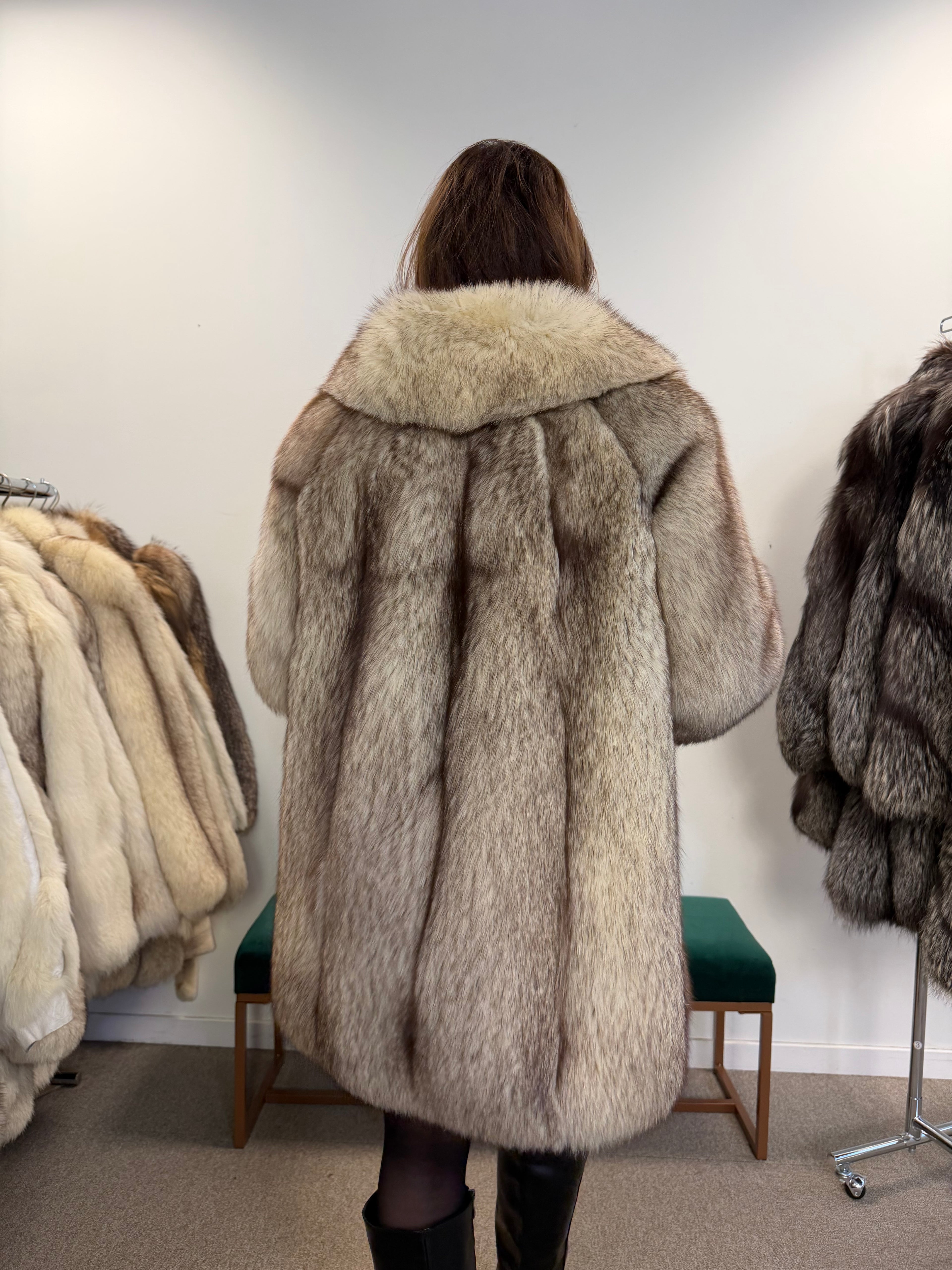 White Blue Fox Fur Coat, Size M
