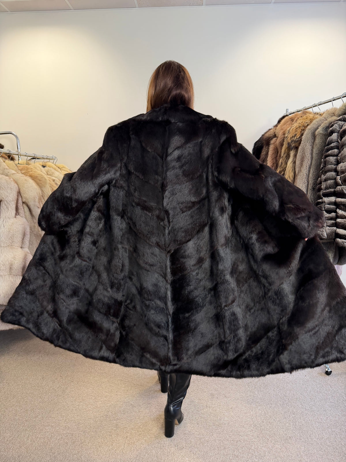 Black Rabbit Fur Coat, Large, Full Length, Soft