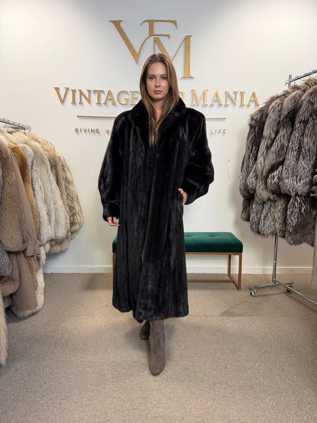 Almost Black Mink Fur Coat, XXL, Full Length, Luxury