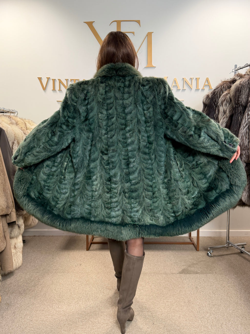 Green Dyed Mink Fur Coat with Fox Collar, XL