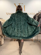 Green Dyed Mink Fur Coat with Fox Collar, XL